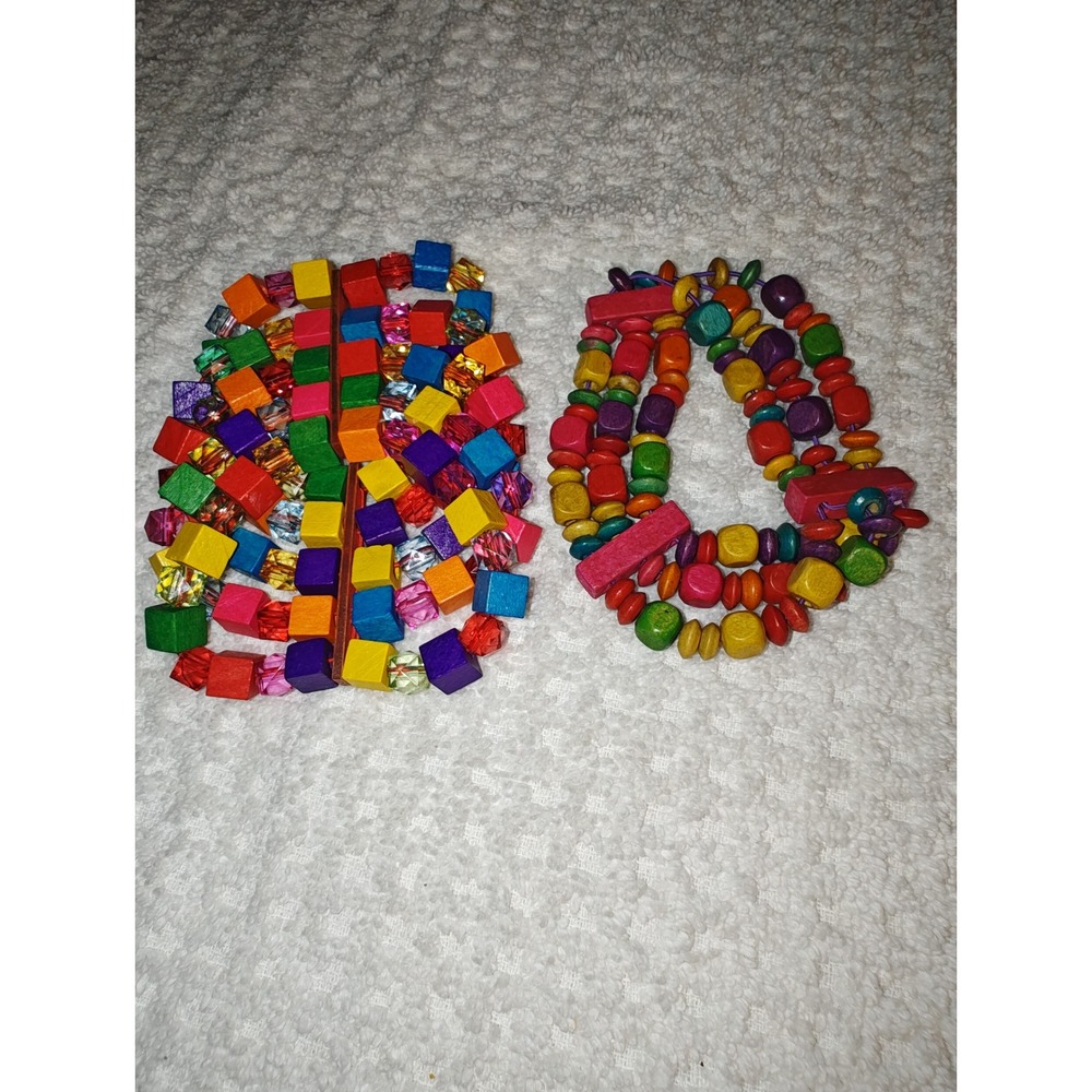 Jewelry Set Rainbow Multi Color Geometric Wood Bead Stretch Bracelet Necklace